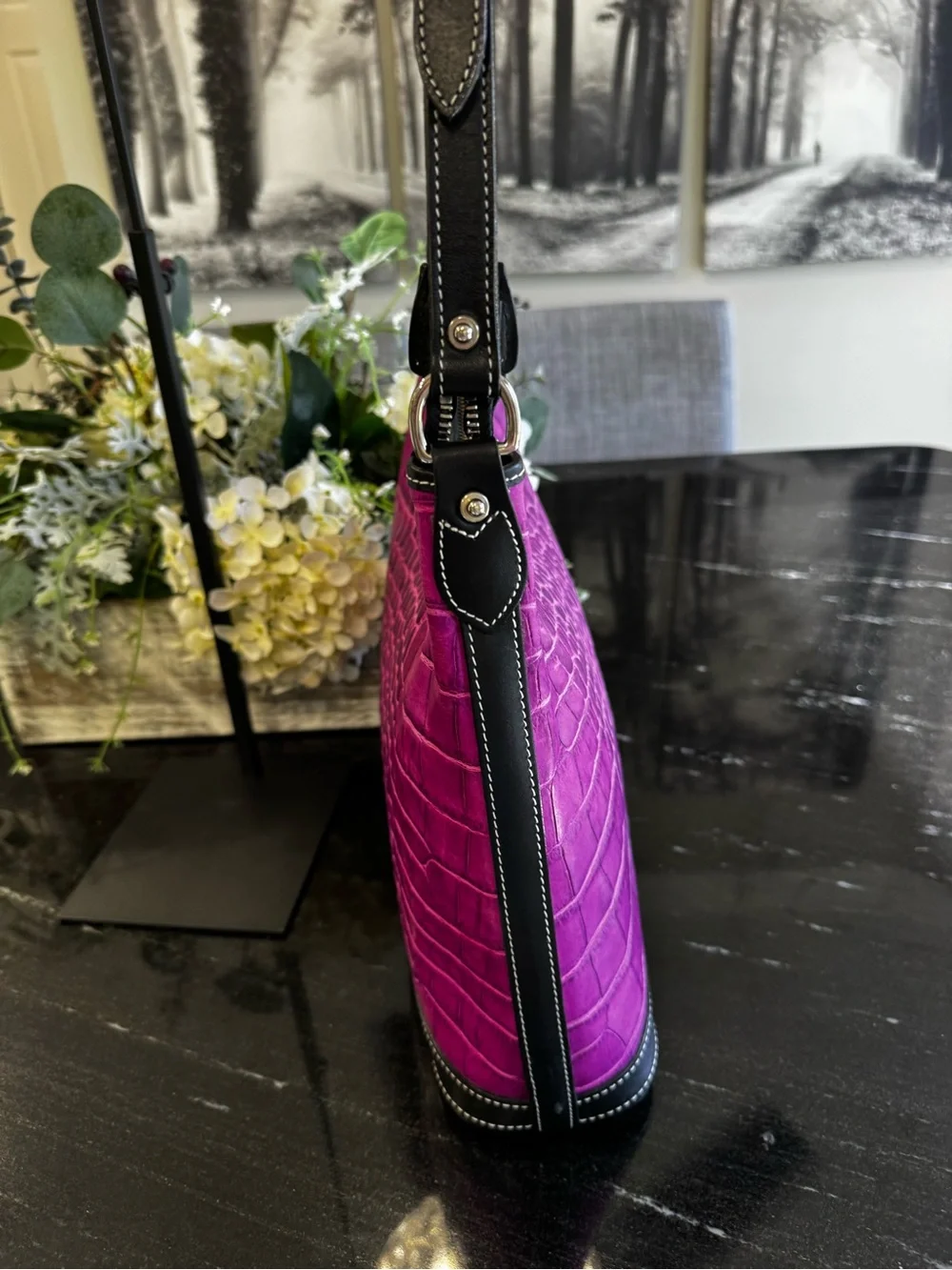 🐊💜Dooney & Bourke Croco Embossed Leather Hobo Shoulder Bag Purple Orchid Black - Picture 5 of 14